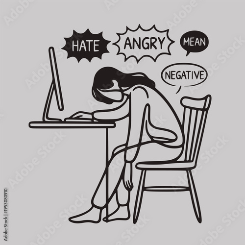 Sad woman at desk with computer receiving harsh words in simple line art on light background, concept of cyberbullying and stress