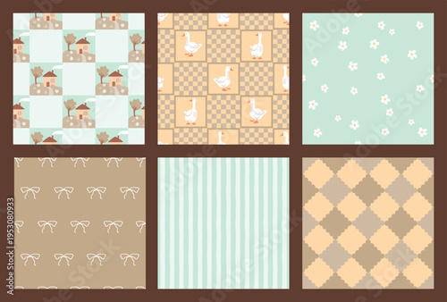 Rural landscape and geese seamless patterns set. Geometric backgrounds with bows, hand drawn vertical lines, rhombus, flowers, houses, tartan check. Beige and blue colors. Vector prints on fabric.
