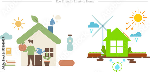 Eco Friendly Lifestyle Home Flat Vector Sustainable Living Renewable Energy House Illustration