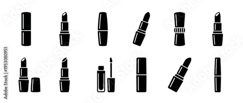 Black silhouette cosmetic lipstick and lip gloss icons in various forms, including closed tubes, open bullets, and an applicator, presented in a clean, graphic style
