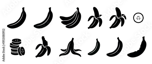Black silhouette banana icons illustrating various stages of the fruit, including whole, peeled, sliced, bitten, and a bunch, presented in a clean graphic style