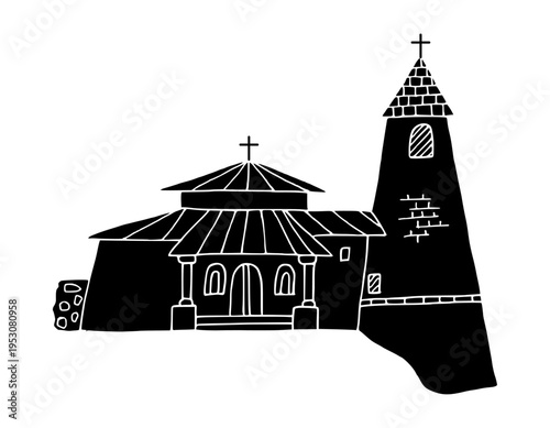 Chiesa della SS. Trinita a Majon in Cortina d'Ampezzo black silhouette hand drawn by ink. Vector doodle architecture illustration.