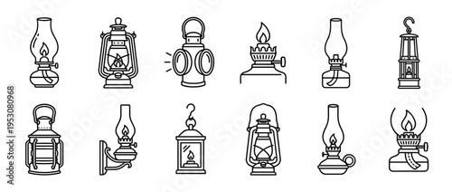 Collection of various line art vintage lamps and lanterns with burning flames, depicted in a simple, clean, and iconic outline style