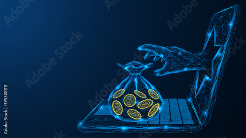 Hacking of finances, leakage of digital funds. The hacker's hand breaks through the damaged laptop screen and reaches for a bag of coins. Polygonal design, blue background.