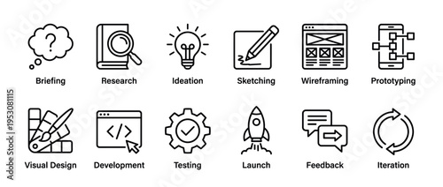 Twelve black outline icons illustrating a comprehensive design and development process, presented in a clean, modern, and minimalist linear style