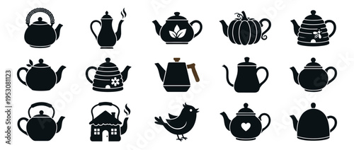 Diverse black silhouette teapots and kettles collection featuring various shapes, styles, and decorative elements in a clean, iconic design