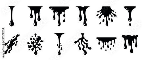 Collection of black dripping and splashing liquid shapes in a graphic vector illustration style, showcasing various fluid forms and dynamic movement