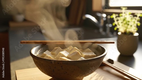 Steaming bowl of tofu with chopsticks, a delicious Japanese dish.