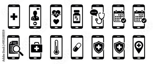 Fourteen black and white smartphone icons displaying various digital healthcare services, including telemedicine, online appointments, medical records, and health protection, arranged in a clean grid