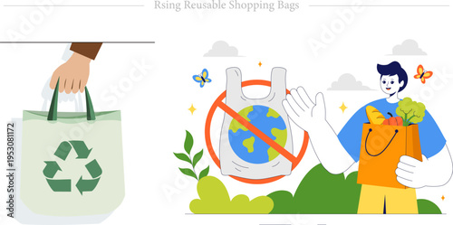 Using Reusable Shopping Bags Flat Vector Plastic Free Sustainable Grocery Illustration