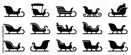 Fifteen black silhouette Christmas sleigh icons are presented in a flat, minimalist style, showcasing various designs for winter holiday transportation