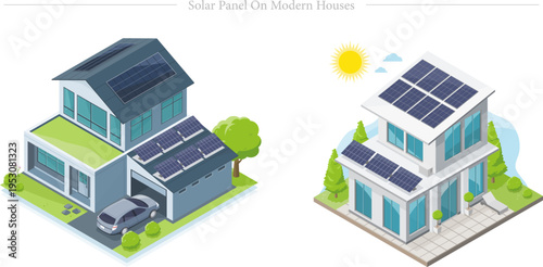 Solar Panel Modern Houses Isometric Flat Vector Renewable Energy Sustainable Living Illustration