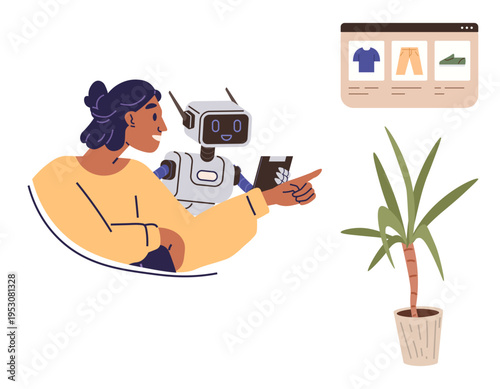 Online shopping, ecommerce, human and AI collaboration, technology assistance, consumer behavior, digital interaction. A woman pointing at a screen with a robot holding a tablet. Online shopping