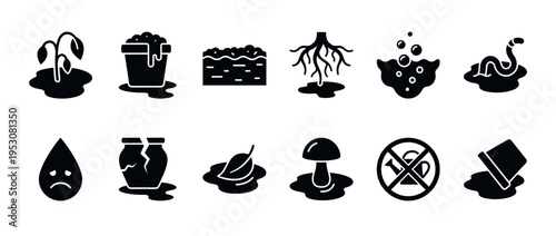 Diverse black silhouette icons illustrating various gardening and plant-related concepts, including growth, soil, water, and common issues, presented in a clean, graphic style