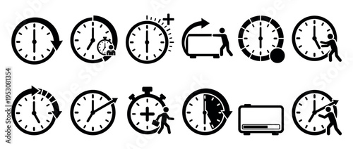 Twelve black and white time management icons, depicting clocks, stopwatches, arrows, and human figures representing concepts of duration, speed, and productivity in a modern, flat style