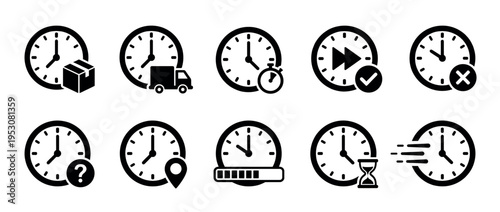 Ten black and white clock icon set illustrating various time-related concepts like delivery, speed, status, and progress in a modern graphic style