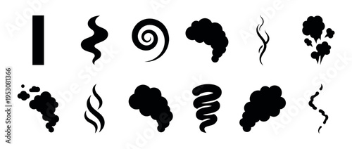 Twelve black silhouette smoke and steam icons in various shapes, including wavy lines, spirals, and cloud-like forms, presented in a graphic, illustrative style