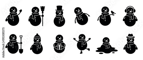 Collection of black silhouette snowman icons in various poses, featuring winter accessories like scarves, hats, and brooms, with one melting into a puddle