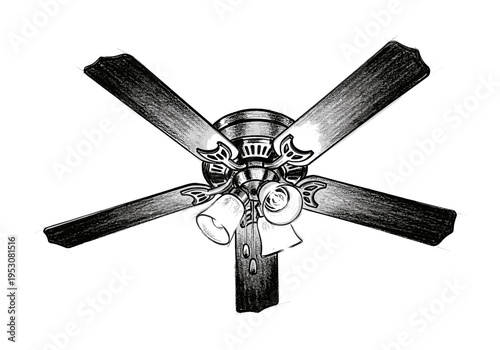 Detailed sketch of a vintage ceiling fan with five blades and two lights