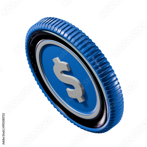 Premium 3D blue and black glossy dollar coin. Shiny professional crypto token inspired by USD for financial and investment projects, isolated on white.