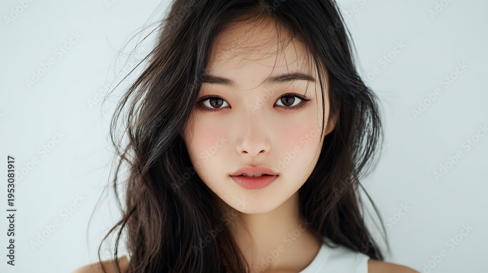 Fototapeta premium A young Asian woman with long dark hair and a neutral expression