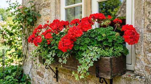 Window box with vibrant geraniums and lush greenery on rustic stone wall. Window box features colorful red flowers along with ivy and other plants for an inviting home atmosphere.