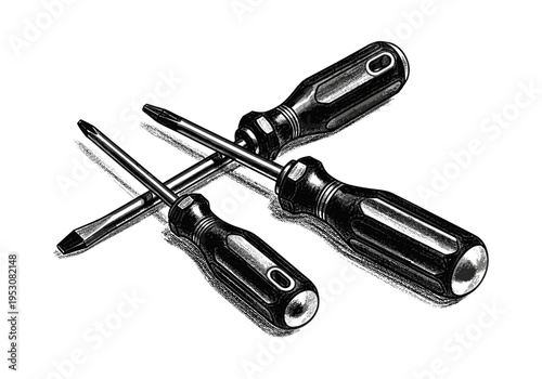 Vintage illustration of three screwdrivers with black handles and metal shafts arranged on a white background
