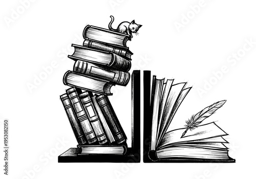 Whimsical black and white illustration of a cat perched atop a stack of books with a quill pen