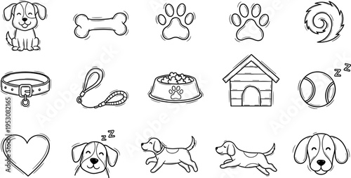 Cute dog-related line art icons for pet lovers and enthusiasts