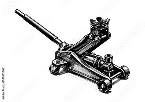 Detailed illustration of a hydraulic floor jack with a lifting handle and wheels
