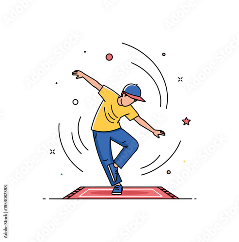 Street dancer mid move on a small portable mat with dynamic curved lines suggesting rhythm and movement, symbolizing urban culture and expressive freedom. The
