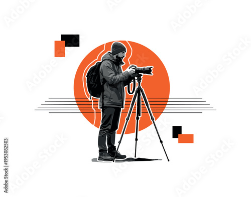 Black and white realistic photographer standing beside a tripod-mounted camera aimed at the night sky, placed slightly off-center, layered with a bold orange