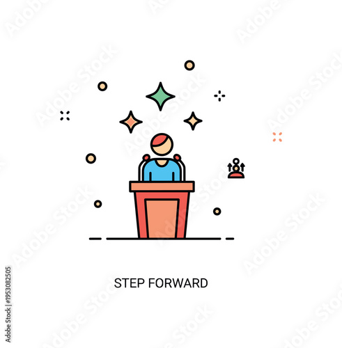 Overcoming stage fright illustration featuring a small figure at a podium with subtle star accents above, symbolizing courage and personal growth. A subtle