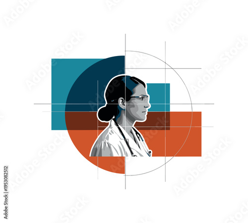 Black and white medical researcher in profile, intersected by thin linear grid elements and bold semicircles suggesting data analysis, flat rectangular color