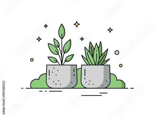 Outdoor patio planter concept showing a pair of concrete pots with different plant heights, expressing symmetry and thoughtful landscaping. The balanced