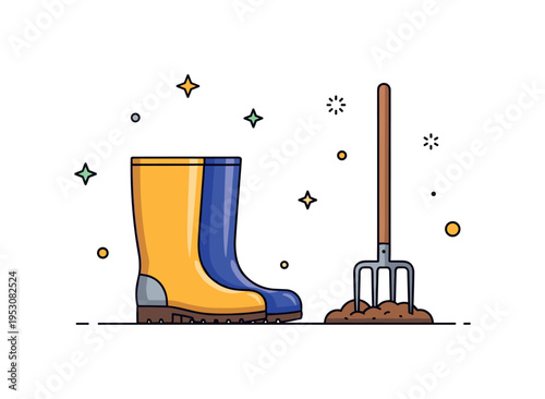 Farm work readiness sturdy rubber boots placed beside a small pitchfork and patch of soil, suggesting practical outdoor tasks. A compact concept illustration