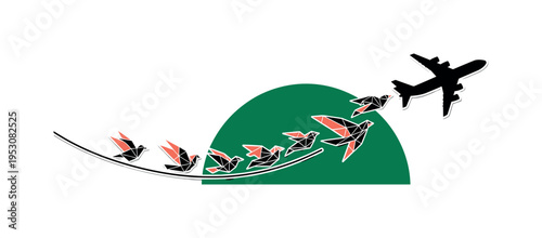 A monochrome airplane silhouette transforming into geometric bird shapes mid-flight, curved linear path tracing across composition, large flat semicircle