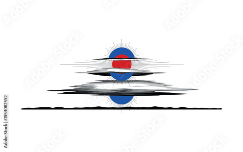Black and white abstract atmospheric layers stacked horizontally above minimal landscape, bold deep red circle trapped between layers, cobalt blue semicircles