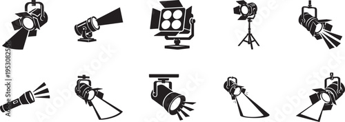 Spotlight thin line icon set with lamp projector flashlight and stage lighting symbols for UI design.