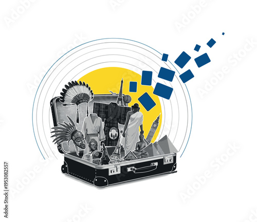 Black and white suitcase open with garments and symbolic objects from various cultures inside, vivid yellow circle behind as journey marker, deep