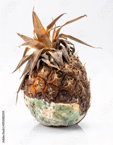 Decaying pineapple with moldy base and brown leaves isolated on white