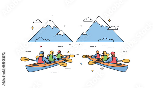 Group kayaking expedition compact composition of multiple paddlers aligned toward a distant mountain gap, symbolizing journey and shared direction. A