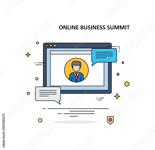 Online business summit illustration showing a central speaker window highlighted on a screen with subtle chat bubble icons nearby, symbolizing interactive