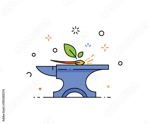 Sustainable blacksmithing heritage concept featuring a minimal anvil icon with a small leaf and spark accents, expressing time honored skills adapted to modern