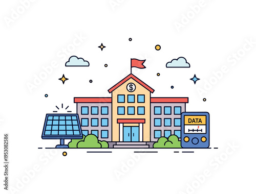 Smart energy management in schools showing a school building combined with a small solar panel and data meter icon, expressing sustainable resource monitoring.