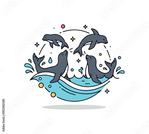 Seals and sea lions playing in the water centered on two smooth silhouettes splashing around a curved wave shape, with small droplets and sparkle accents