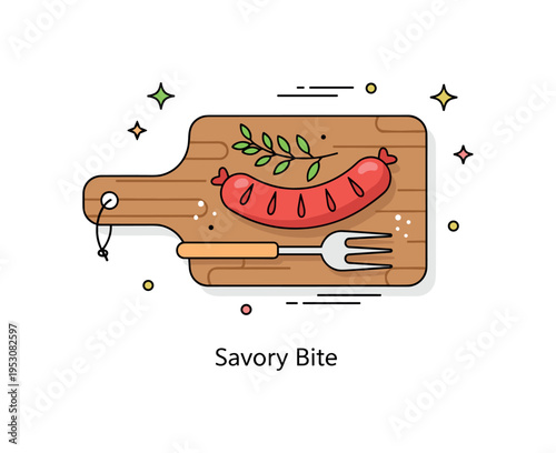 Sausage on a wooden serving board with a small fork and sprig of herbs creating a simple culinary scene focused on flavor and tradition. A subtle ?Savory Bite?