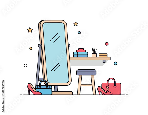 Personal styling space showing a mirror, stool and neatly arranged accessories ready for outfit selection. Clean lines and soft shadowing create a cohesive