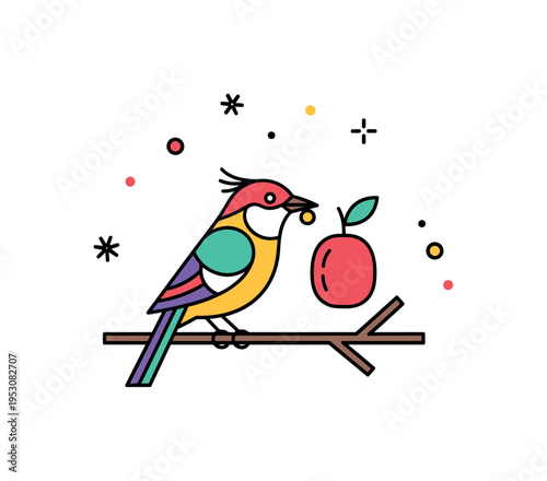 Exotic bird perched on thin branch with a single fruit element beside it, conveying a natural feeding moment in a simplified rainforest setting. The visual