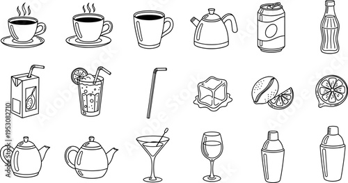 Collection of hand-drawn beverage and drink icons in a simple line art style